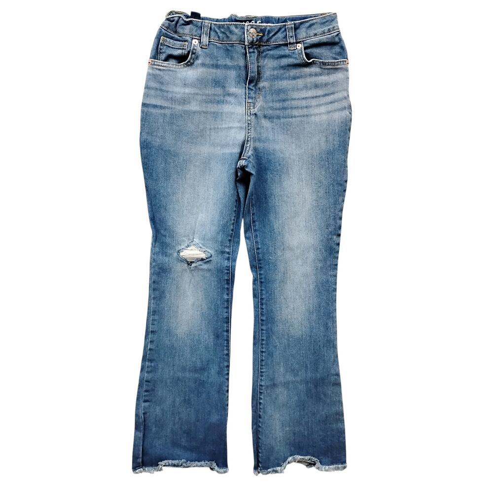 Cat & Jack Flare Super Stretch Jeans Size 14 Girls Blue Denim Distressed Raw hem